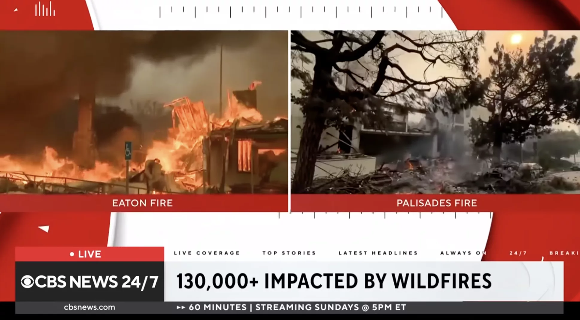 Screenshot from a January 10 CBS News TV report showing a split-screen of fire damage in two parts of the Eaton Fire in Southern California.